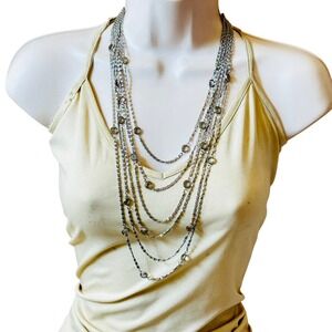 VTG Regal Open Bezel green Austrian Crystal Necklace silver tone Multi Chain 23"